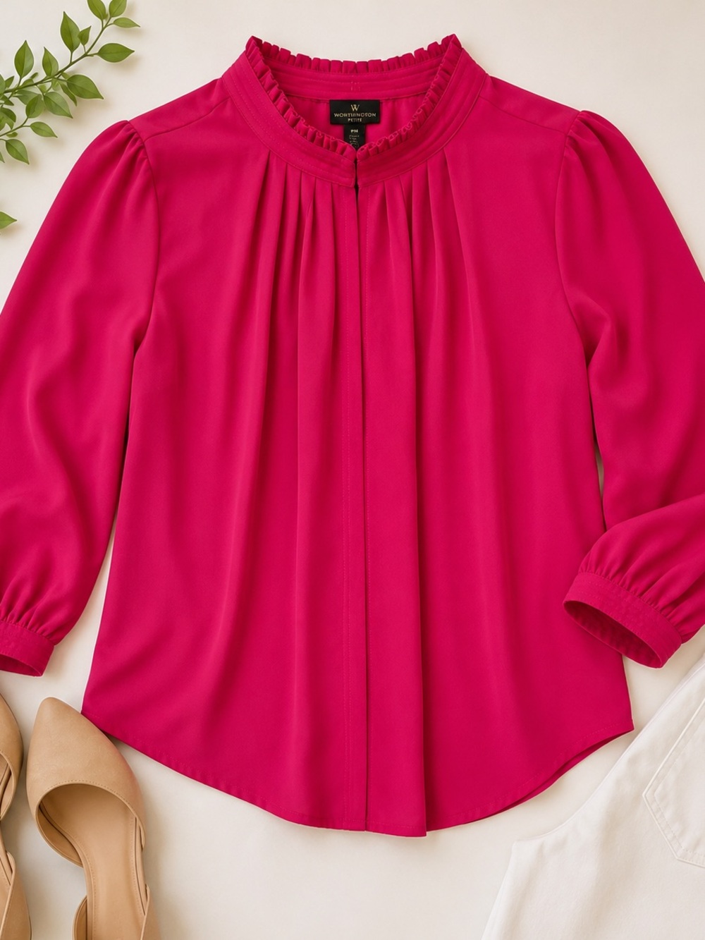 Petite Worthington PM Fuchsia Pink Pleated Blouse Petite Career Top